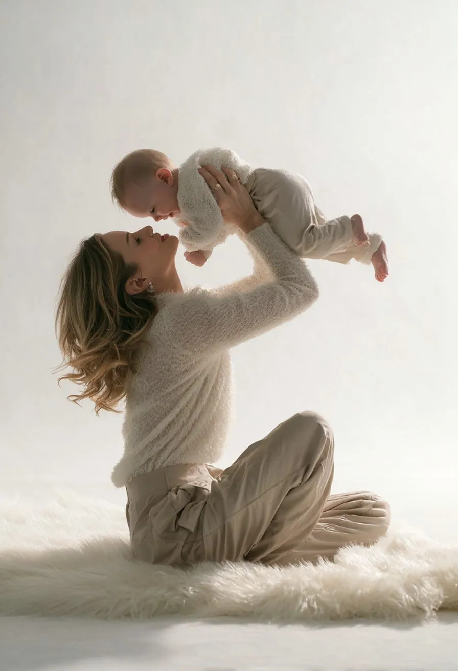Une mère soulève son bébé au-dessus d'elle, dans une lumière douce