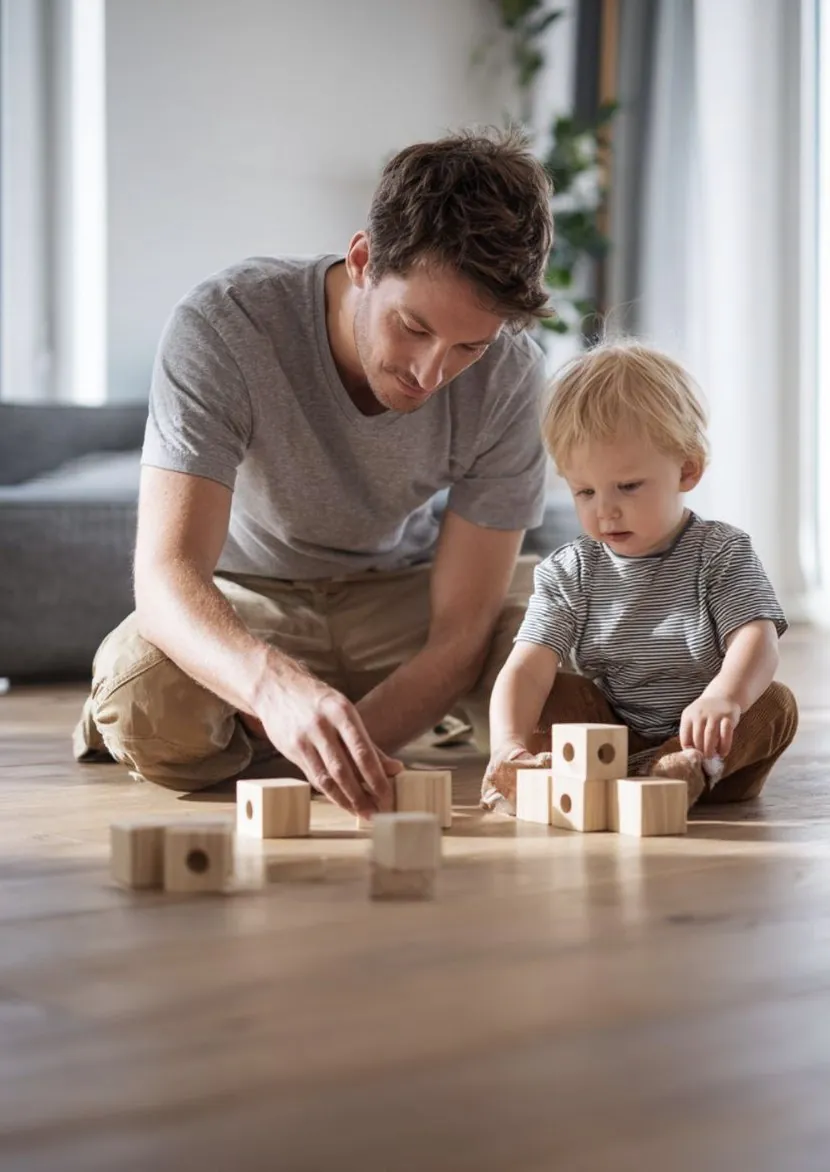 Un père et son jeune enfant construisent ensemble une tour de cubes en bois