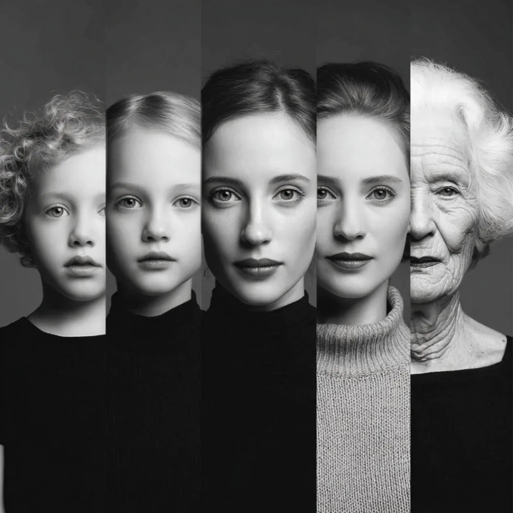 Portraits de cinq générations de femmes juxtaposés, de l'enfance à la vieillesse