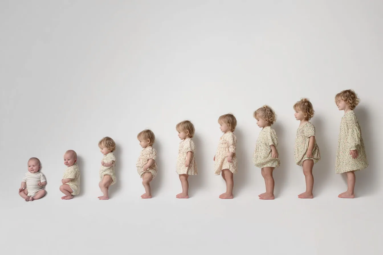 Un même enfant photographié à plusieurs âges, du nourrisson aux premiers pas