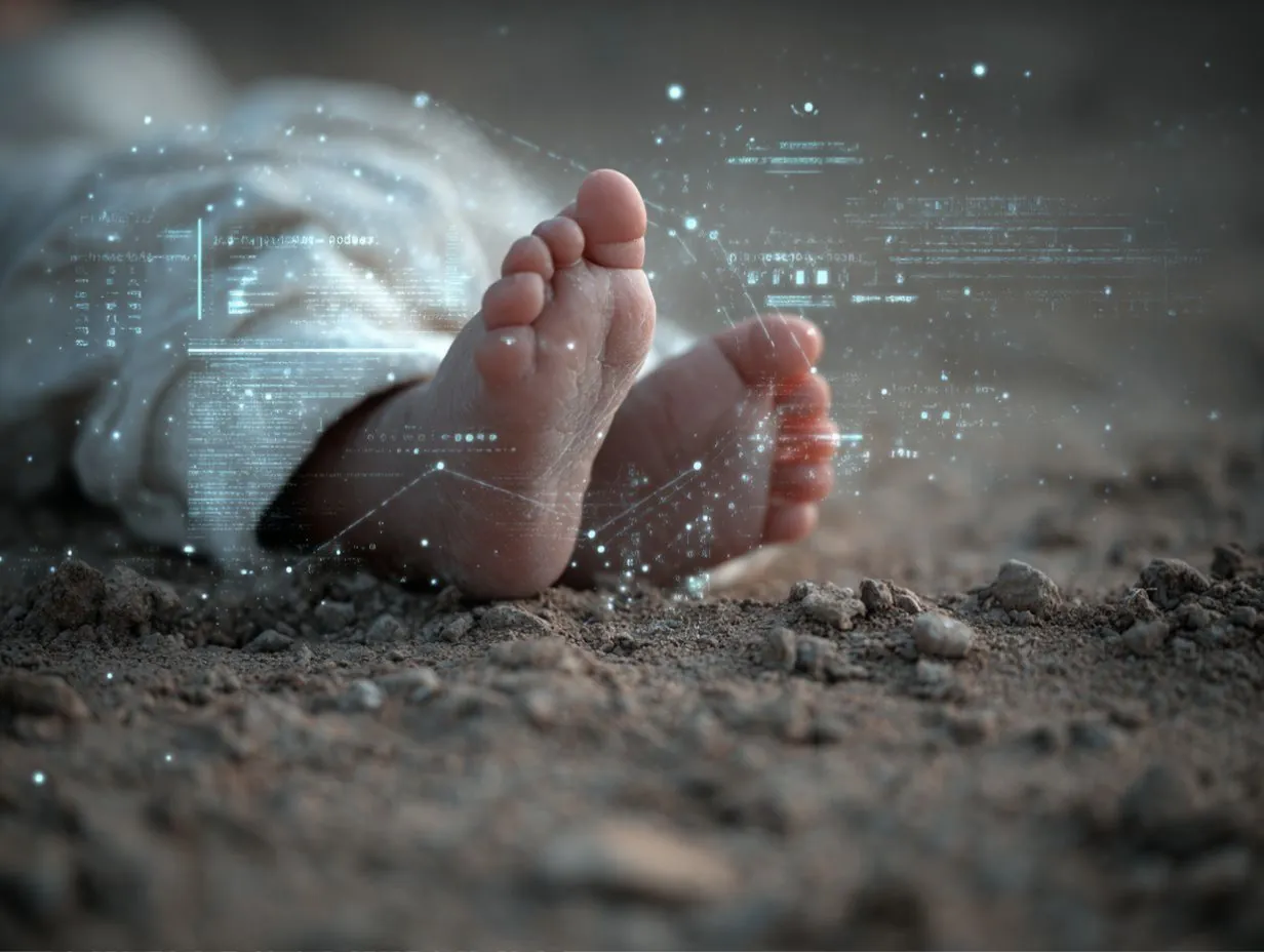 Pieds d'un nouveau-né posés sur la terre, traversés de signaux numériques