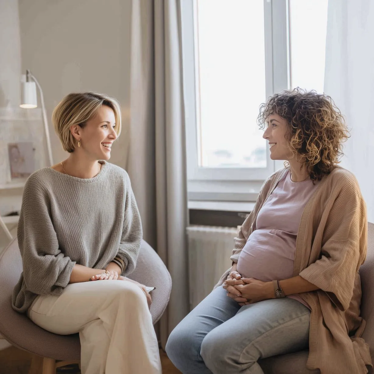 Deux professionnelles échangent en souriant