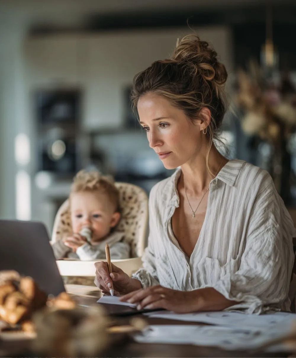 Une mère travaille à la table de la cuisine, son bébé à côté d'elle