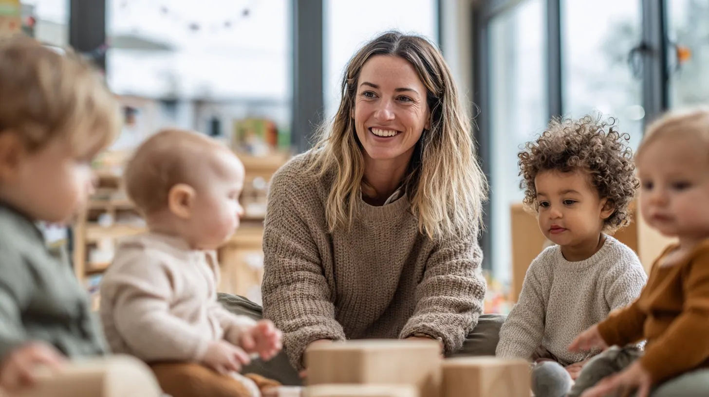 Une professionnelle de la petite enfance joue avec quatre jeunes enfants