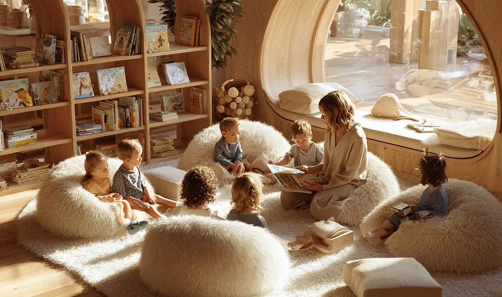 Tout-petits installés sur des coussins autour d'une professionnelle, bibliothèque en bois