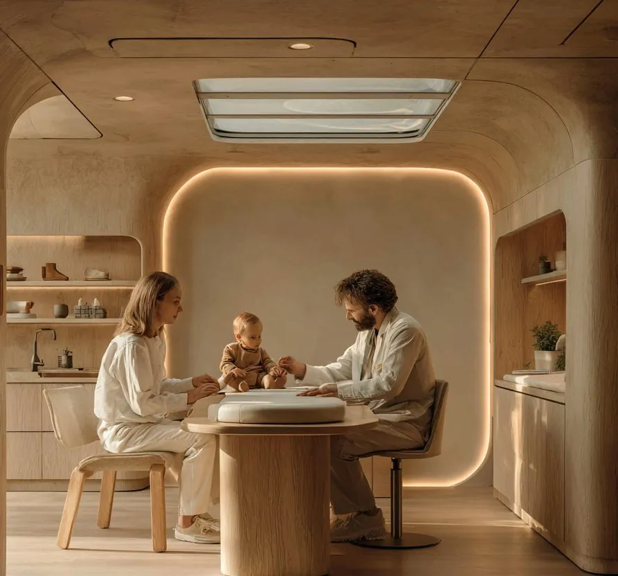 Consultation familiale dans une niche lumineuse, un bébé entre ses deux parents