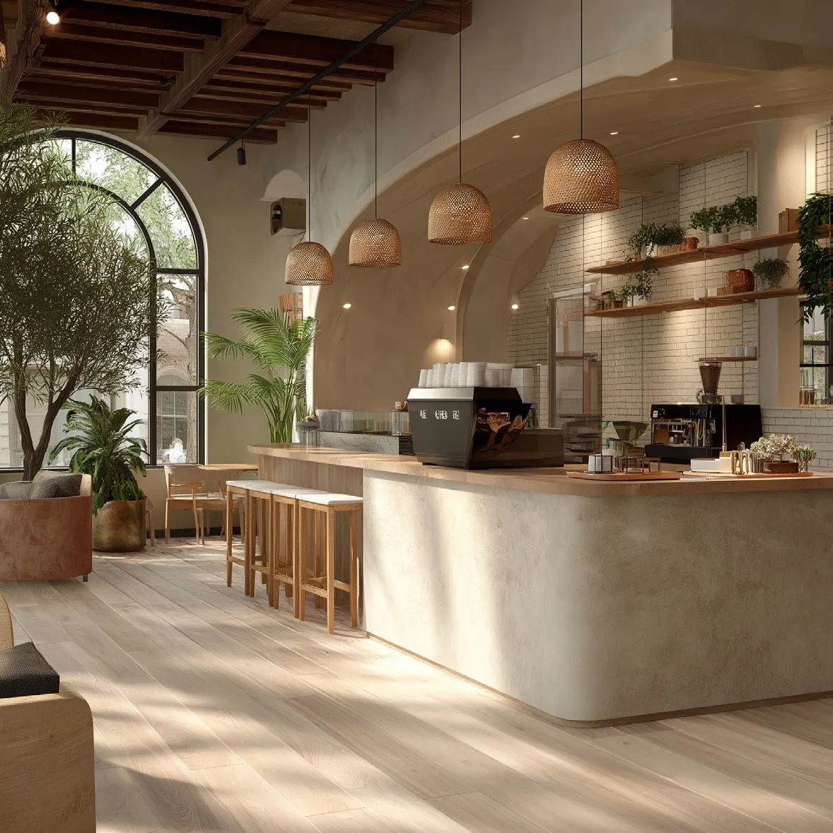 Café des familles, comptoir en bois clair, grandes baies et végétation
