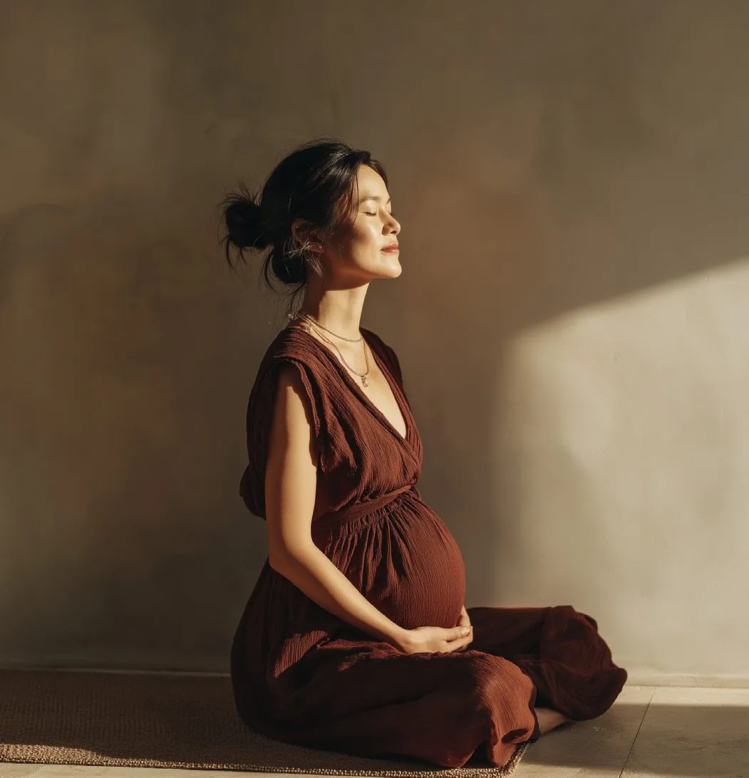 Femme enceinte assise en tailleur, yeux fermés, dans une lumière chaude
