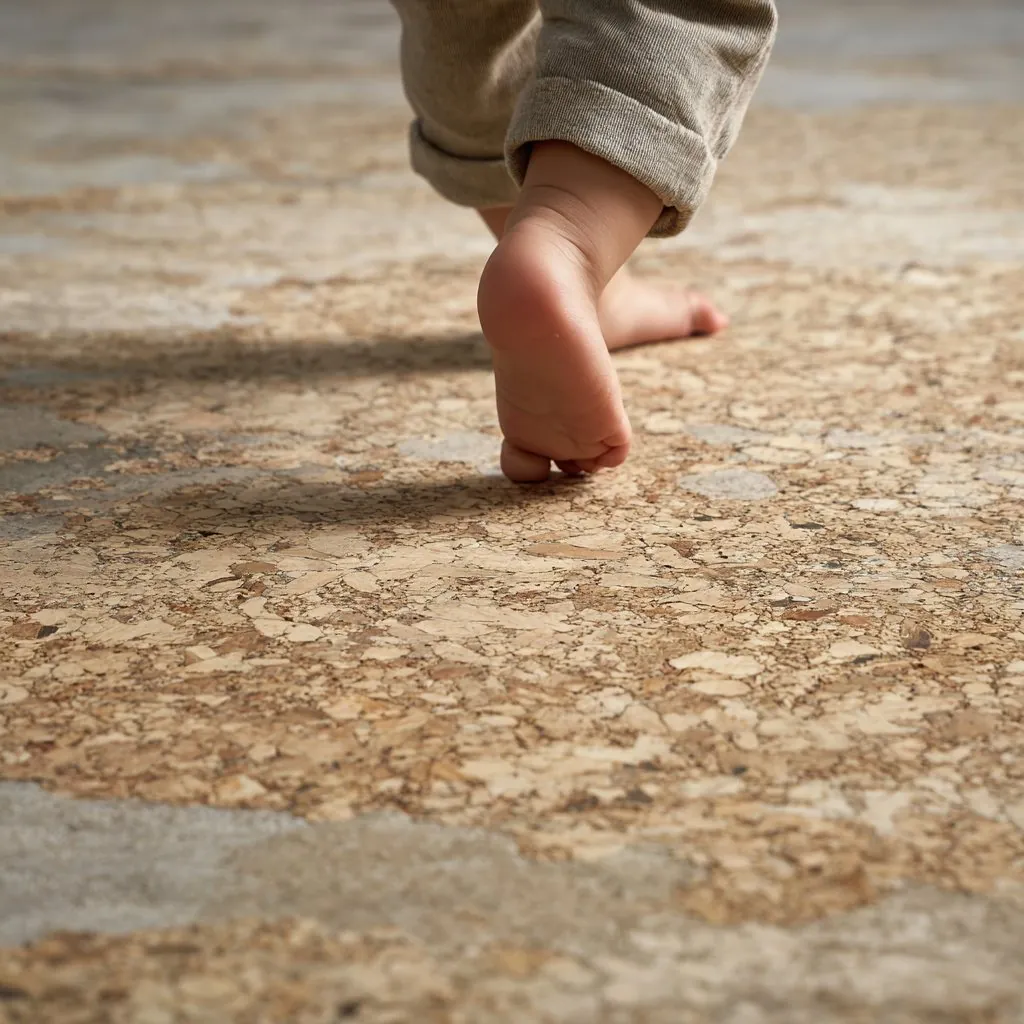Pied nu d’un tout-petit qui marche sur un sol naturel en liège