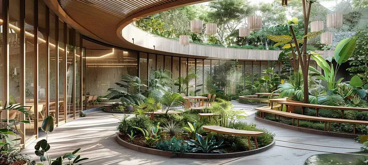 Atrium intérieur planté, bancs courbes et lumière zénithale