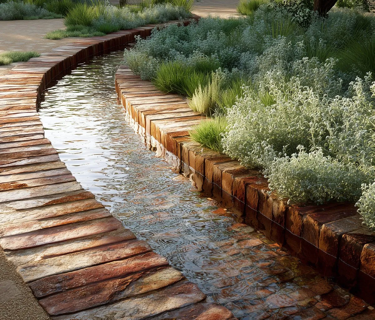 Fin canal d'eau bordé de bois et de plantes aromatiques