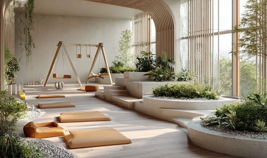 Grand espace de motricité, plateformes basses, plantes et lumière naturelle