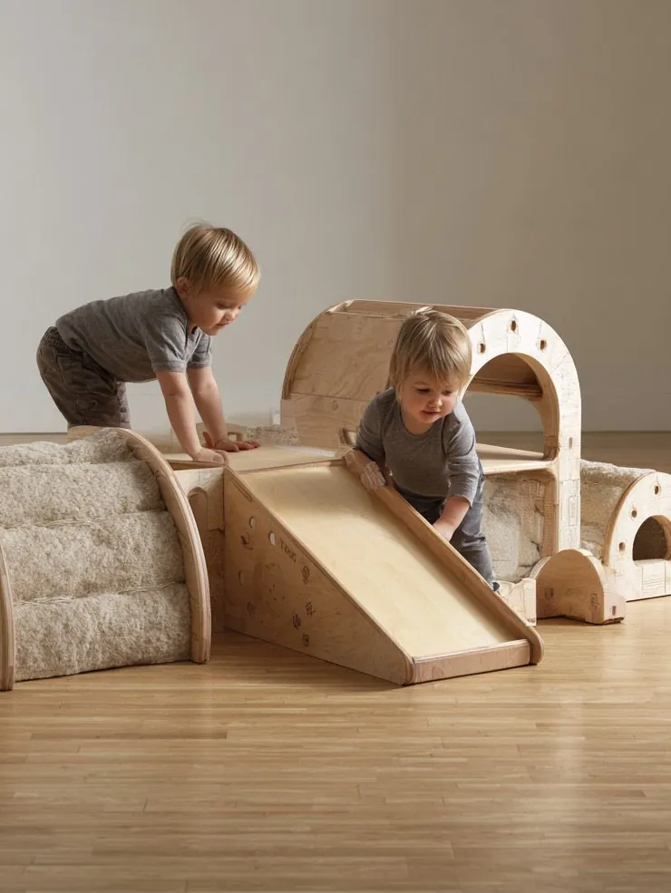 Deux tout-petits grimpent sur une petite structure en bois