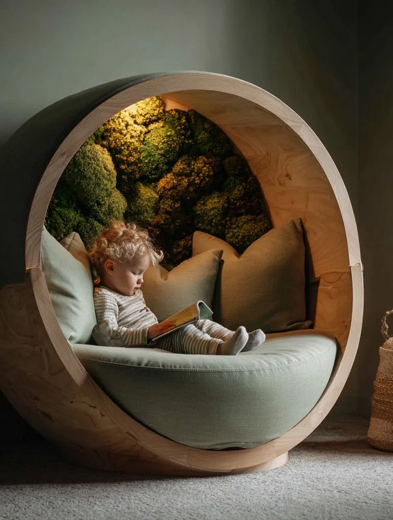 Enfant lové dans une cabane ronde en bois garnie de mousse