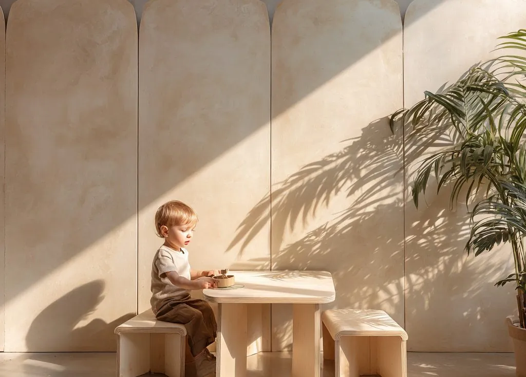 Enfant assis à une petite table de bois, ombres de feuillage sur un mur clair