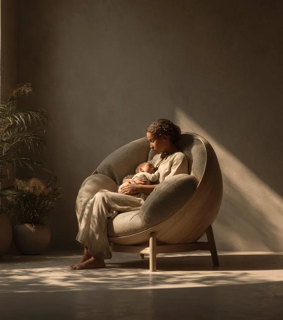 Mère et son nourrisson blottis dans un fauteuil cocon, lumière rasante
