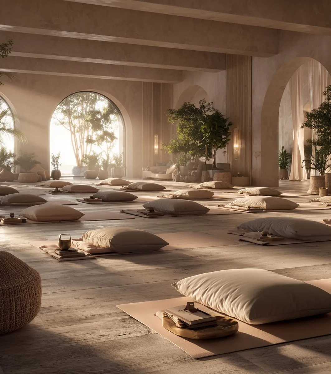 Salle de bien-être, coussins et tapis au sol, grandes arches ouvertes sur la végétation
