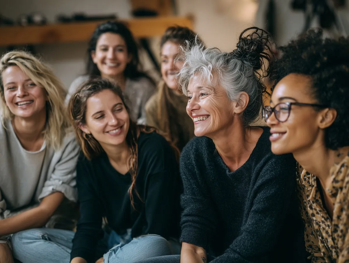 Cercle de parents, des femmes de plusieurs générations assises ensemble, rires et écoute