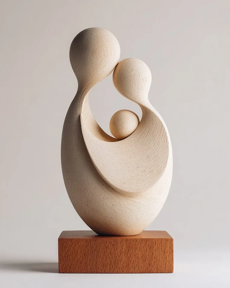 Sculpture en pierre claire, deux figures parentales enveloppant un enfant en une seule forme continue